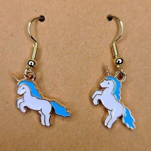 New Hand Crafted Cute White & Blue Unicorn Hook Earrings 14K Gold Plated